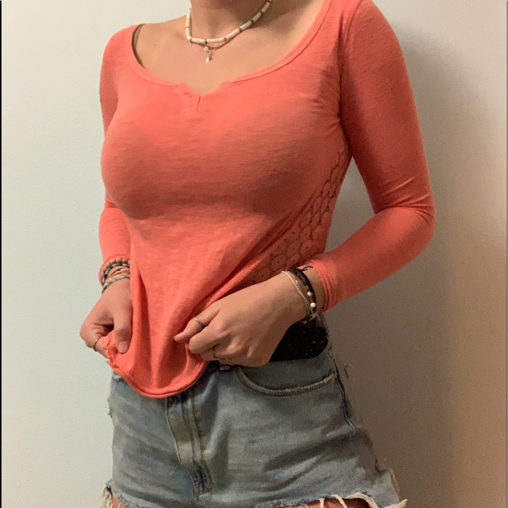 Orange Long Sleeve V Neck With Lace Back